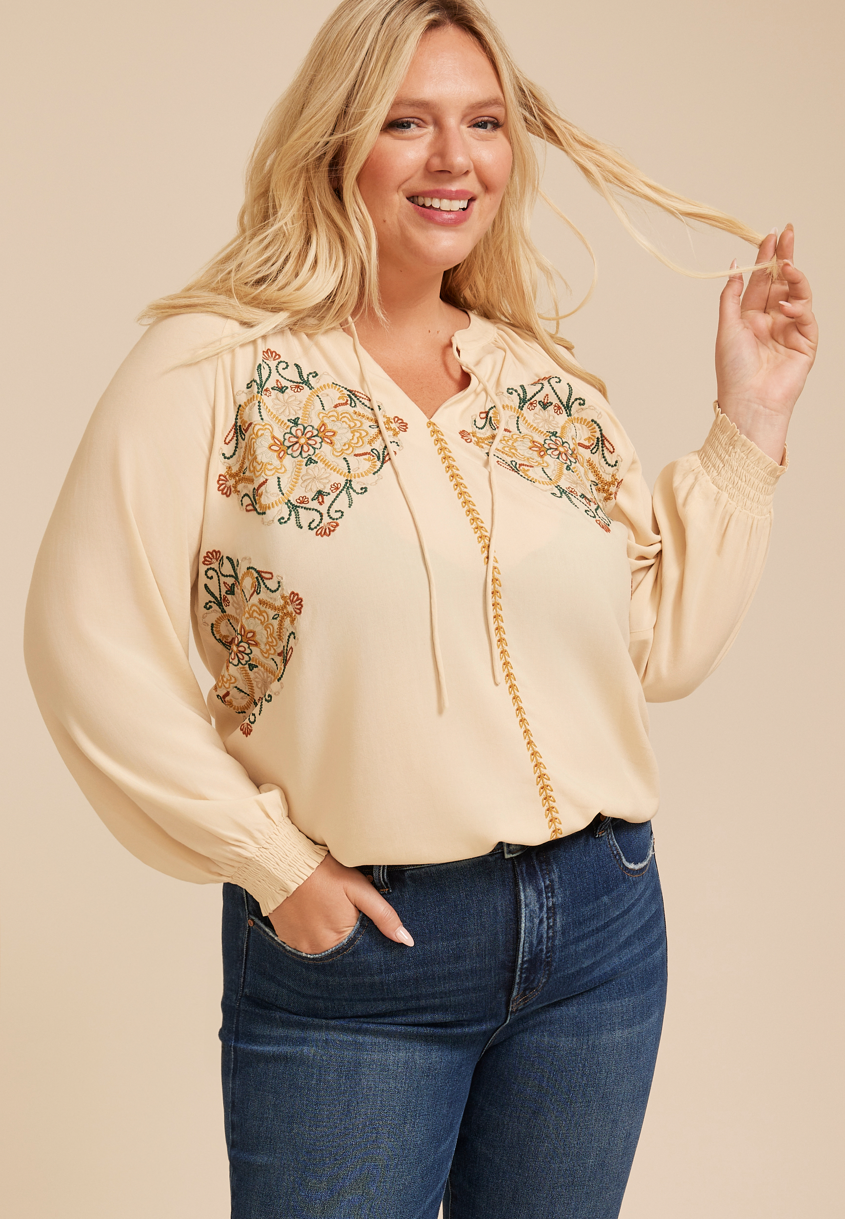 Plus Size Embroidered Tie Front Peasant Blouse