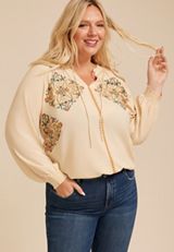 Plus Size Embroidered Tie Front Peasant Blouse, C1318, small