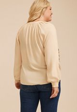 Plus Size Embroidered Tie Front Peasant Blouse, C1318, small