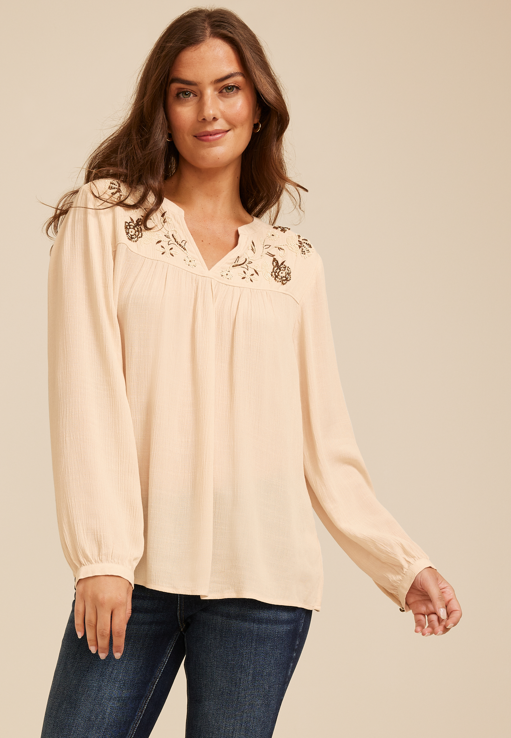 Studio Y Embroidered Beaded Peasant Blouse, C1318, large