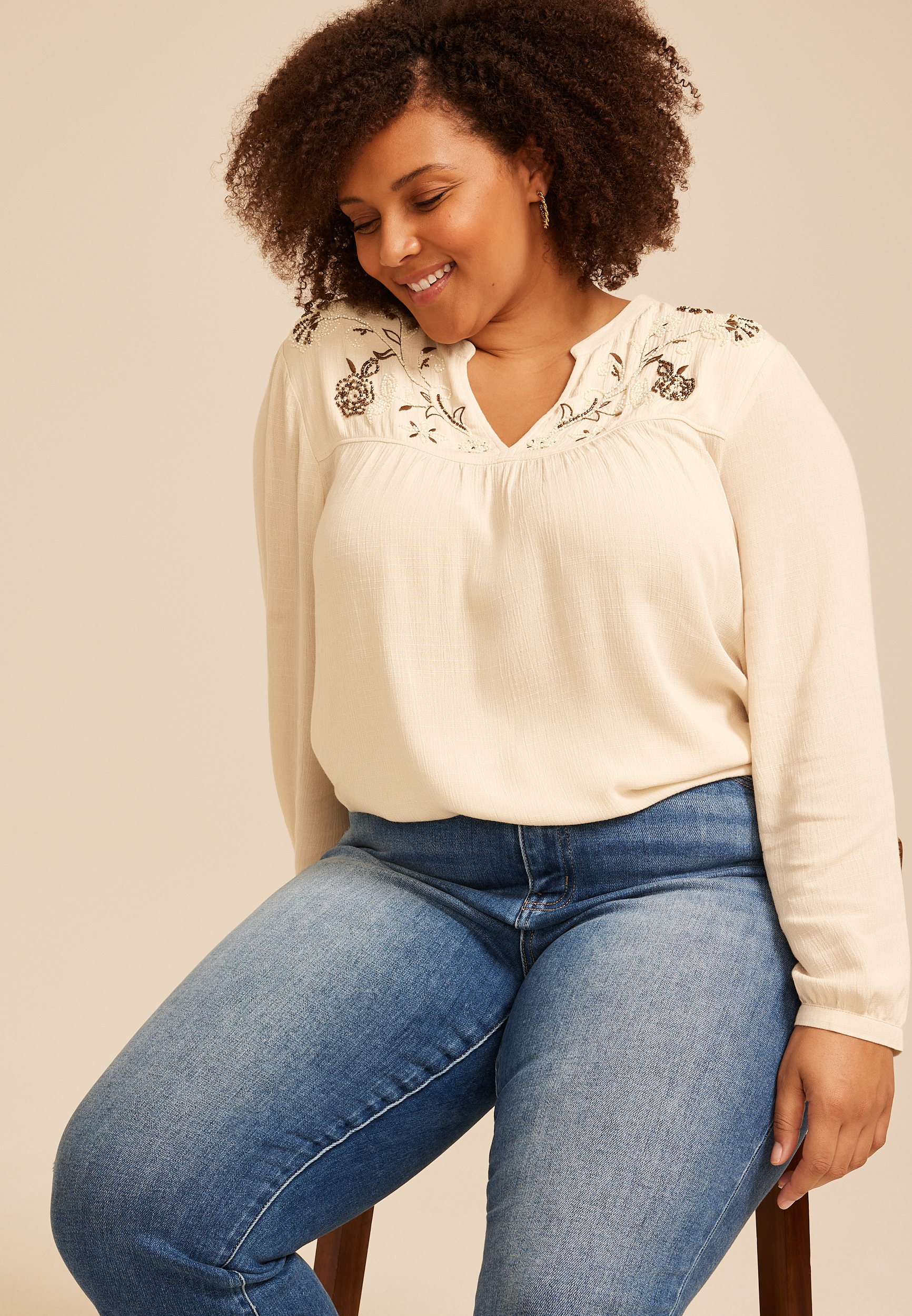 Plus Size Studio Y Embroidered Beaded Peasant Blouse