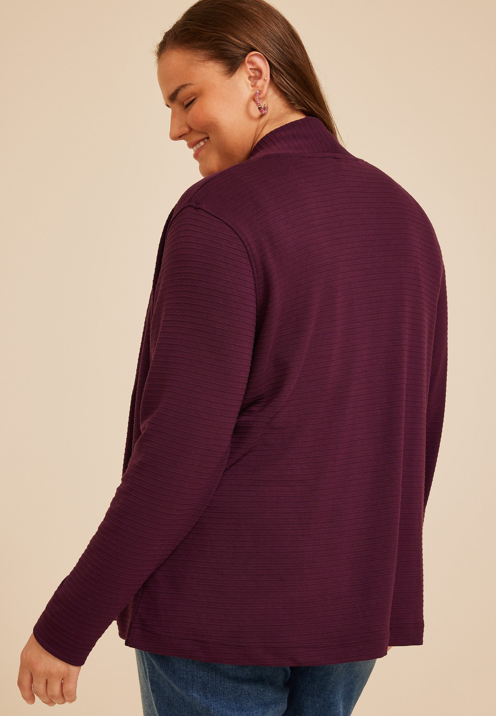 Plus Size Ottoman Ribbed Cardigan, POTENT PURPLE, large