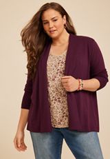 Plus Size Ottoman Ribbed Cardigan, POTENT PURPLE, small