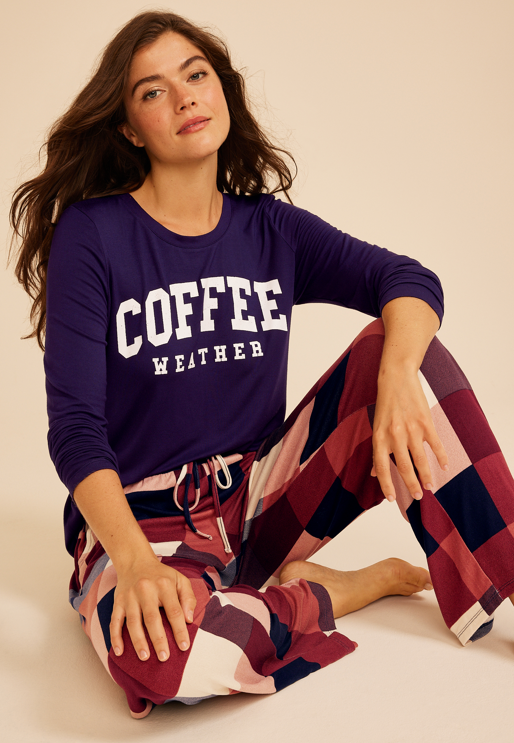 Coffee Weather Long Sleeve Top And Wide Leg Pajama Set, C6666, large