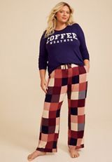 Plus Size Coffee Weather Long Sleeve Top And Wide Leg Pajama Set, C6666, small