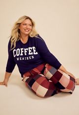 Plus Size Coffee Weather Long Sleeve Top And Wide Leg Pajama Set, C6666, small