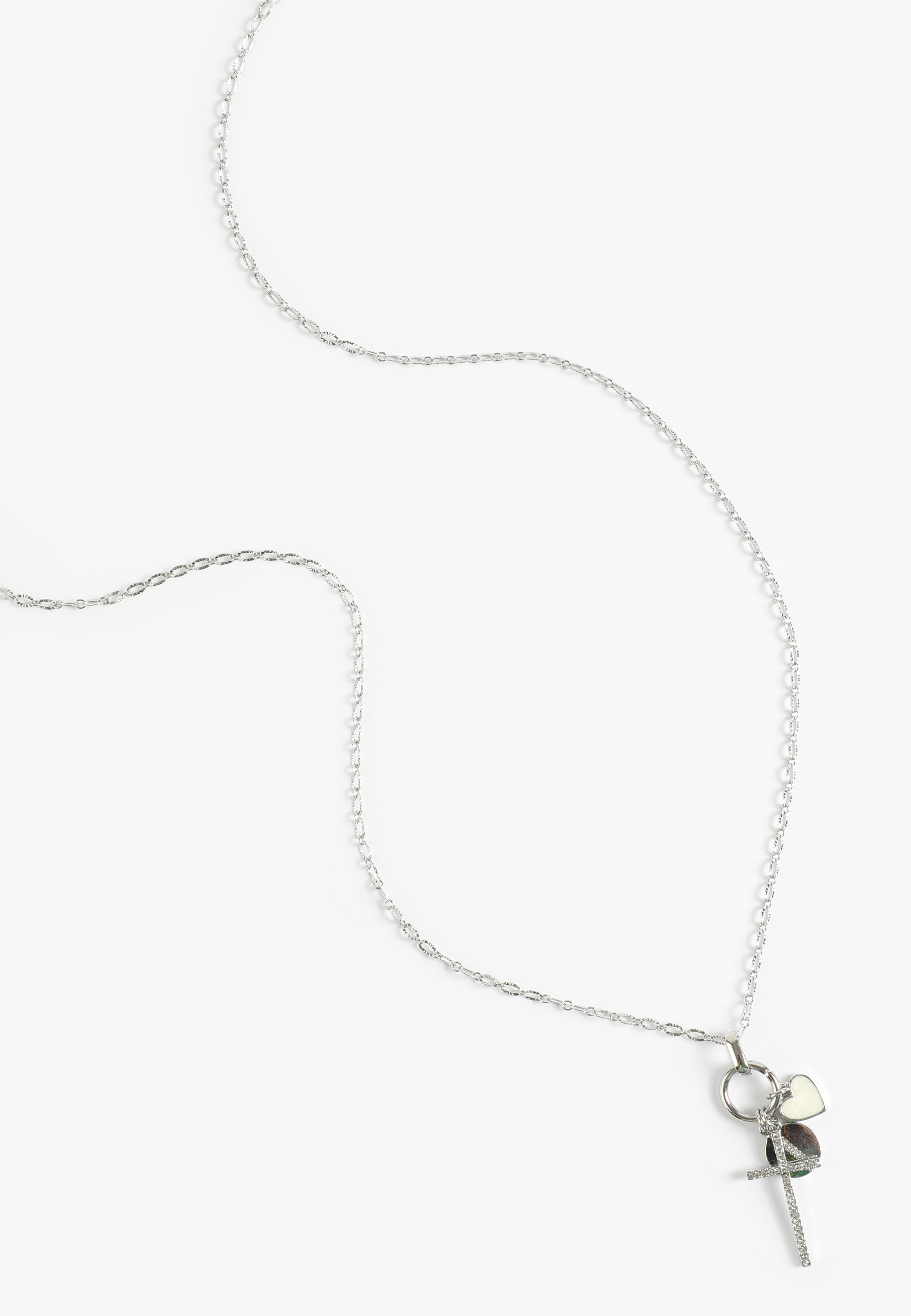 Silver Heart And Cross Cluster Pendant Necklace