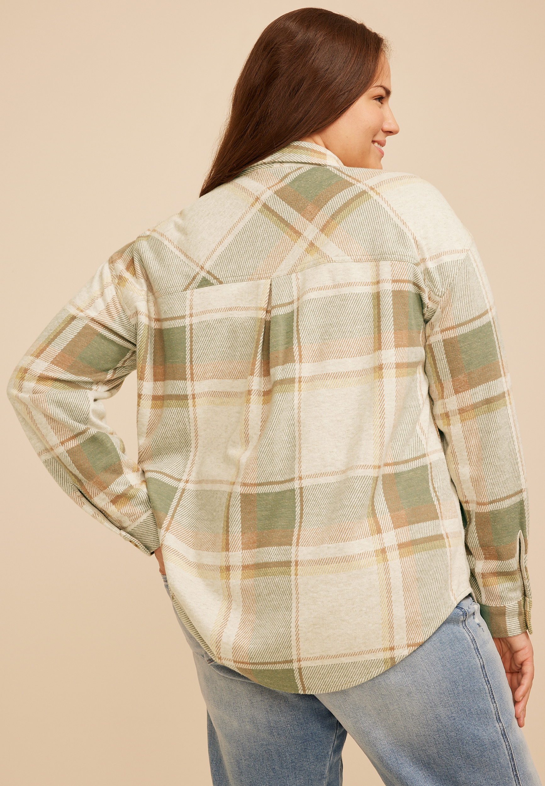 Plus Size Knit Jacquard Plaid Button Down Shirt, C4813, large