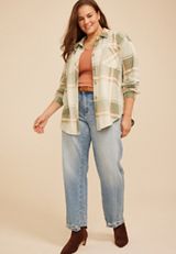 Plus Size Knit Jacquard Plaid Button Down Shirt, C4813, small