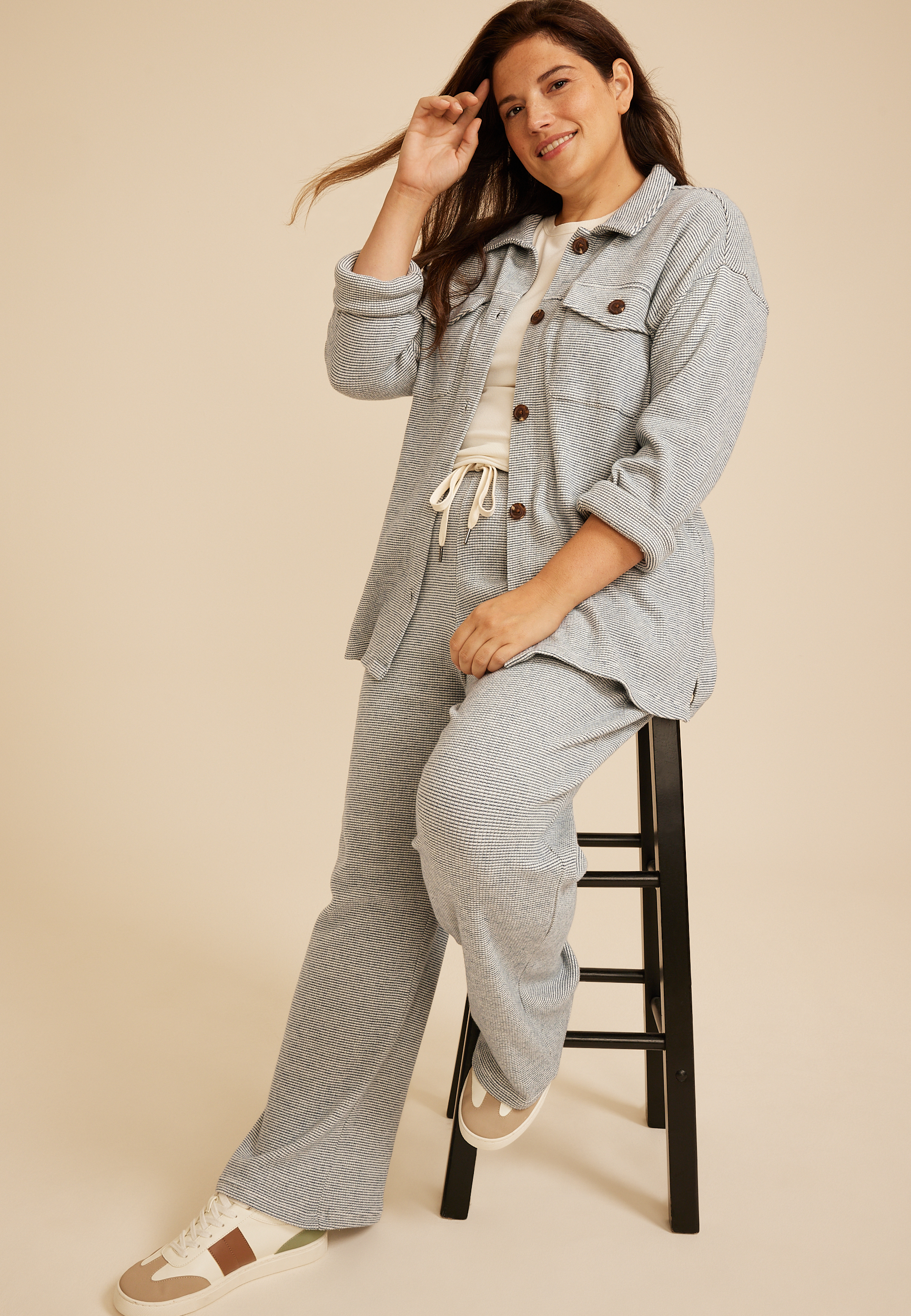 Plus Size Cozy Waffle Knit Shacket, C1606, large