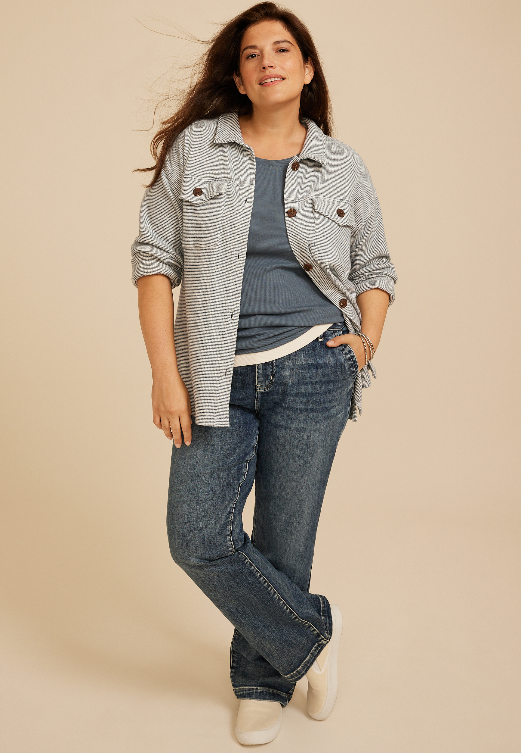 Plus Size Cozy Waffle Knit Shacket, C1606, large
