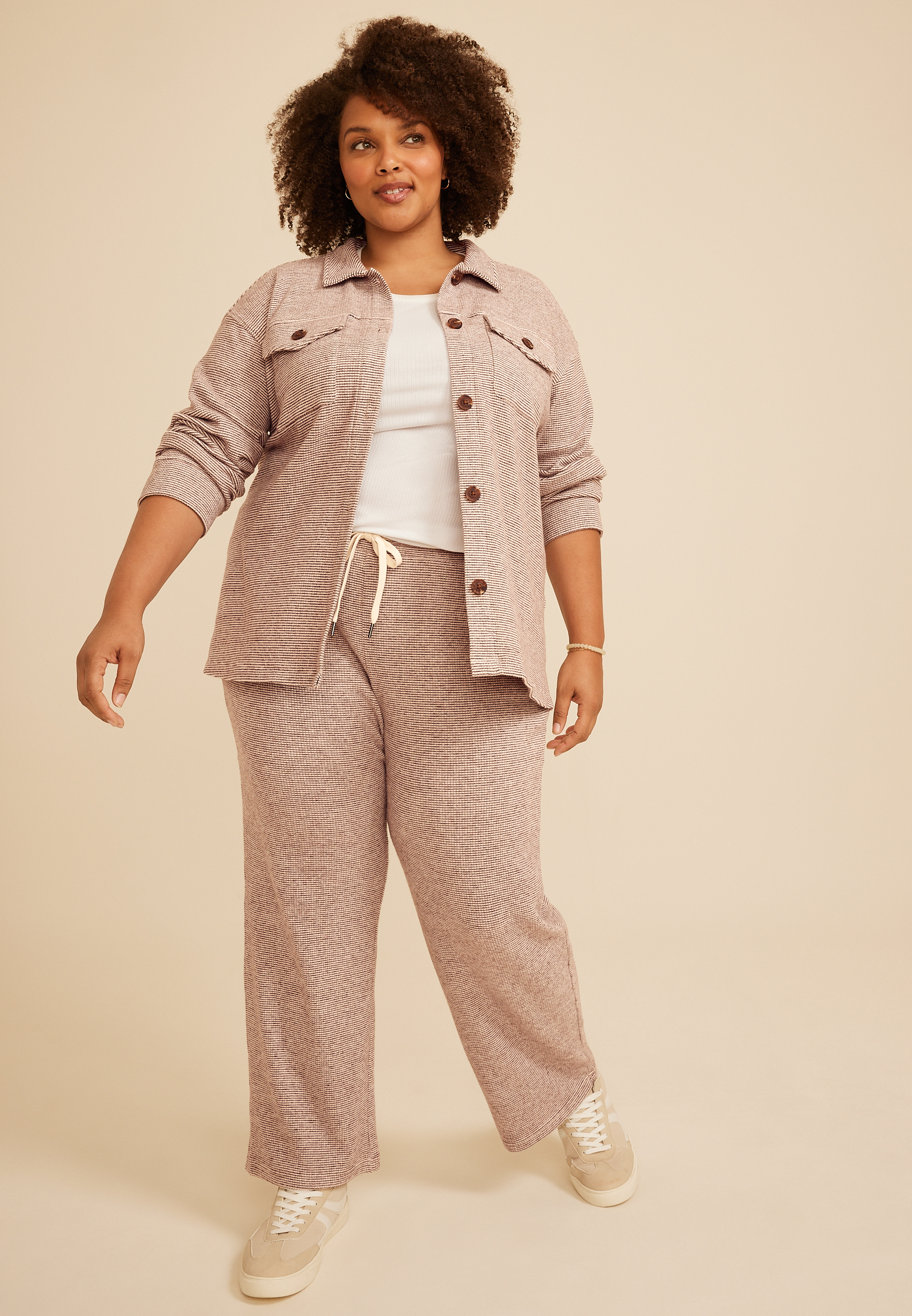 Plus Size Cozy Waffle Knit Shacket, C6216, large