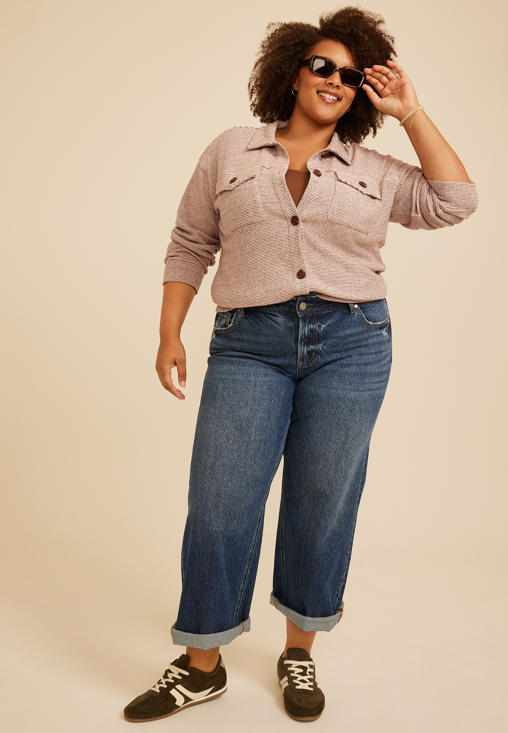 Plus Size Cozy Waffle Knit Shacket, C6216, large