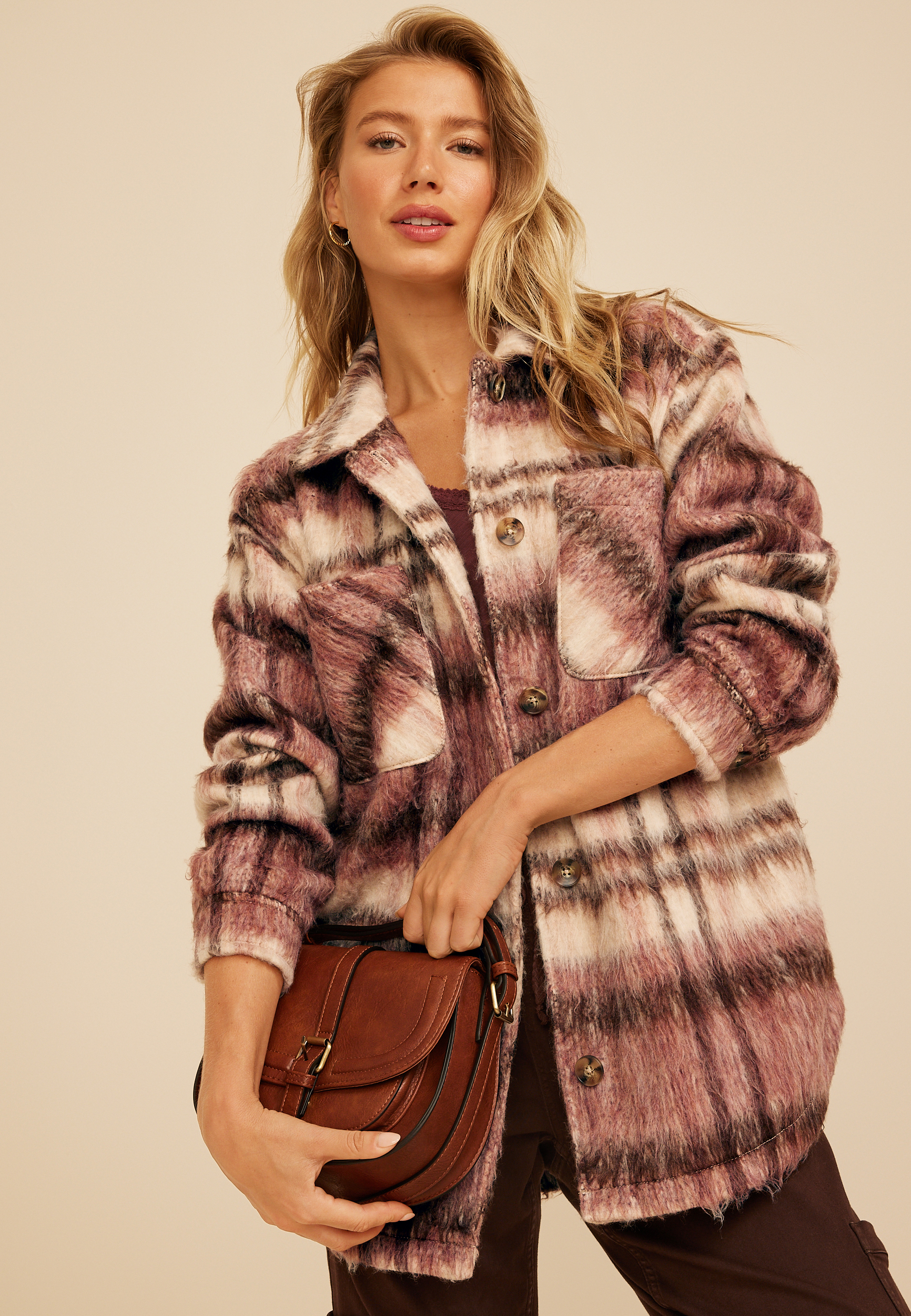 Brushed Plaid Oversized Shacket, C4731, large