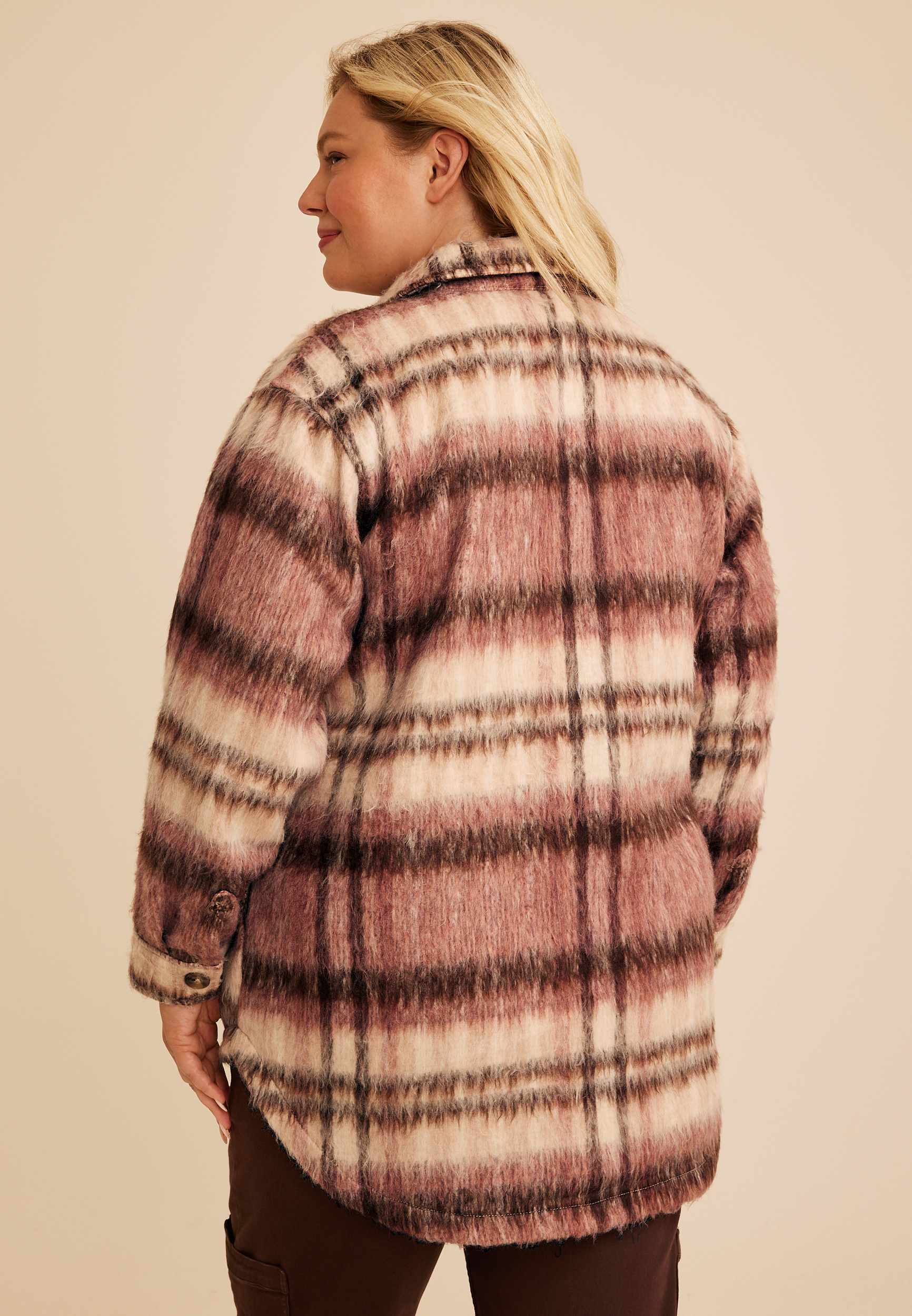 Plus Size Brushed Plaid Oversized Shacket, C4731, large