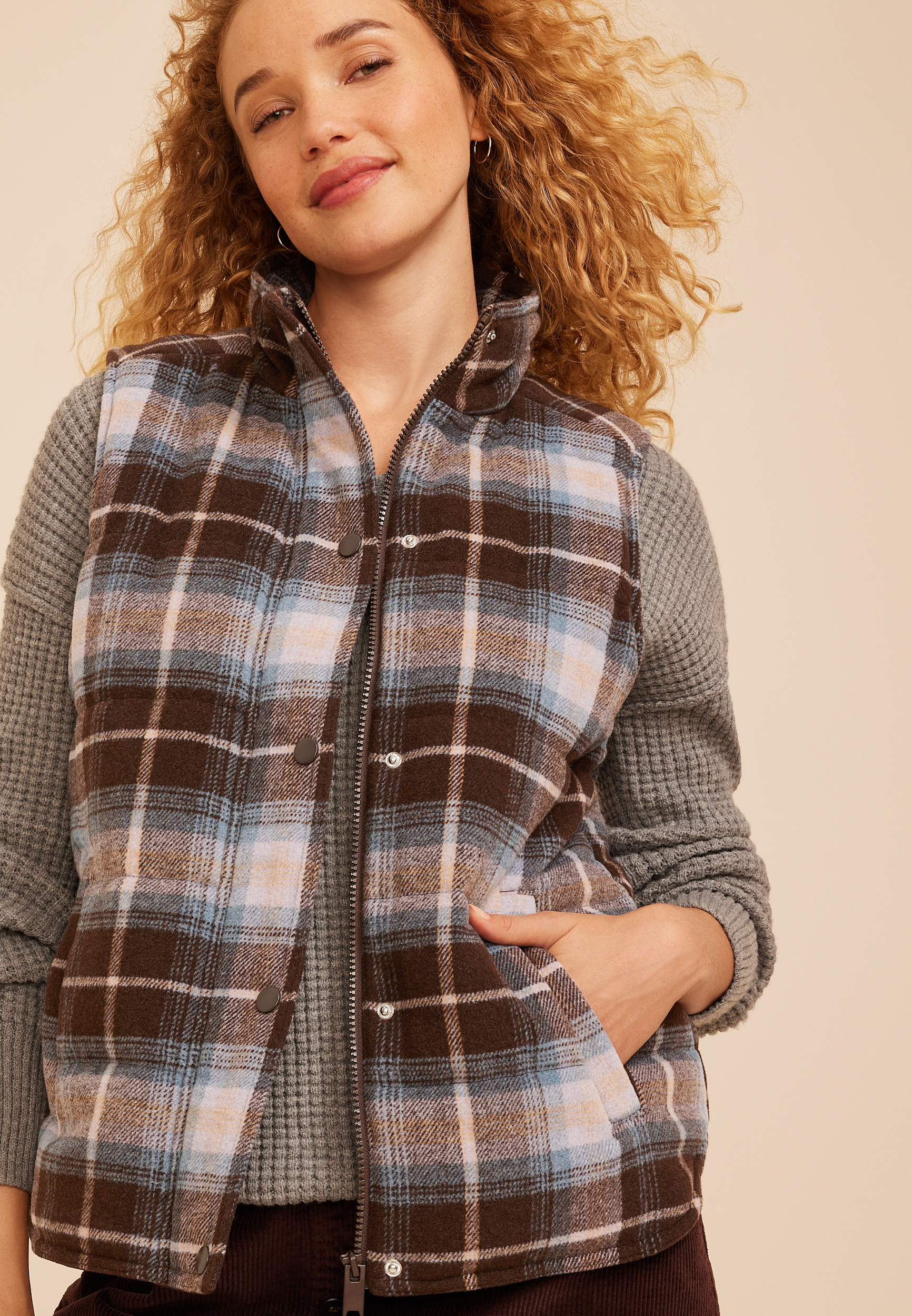 Plaid Puffer Vest, C1635, large