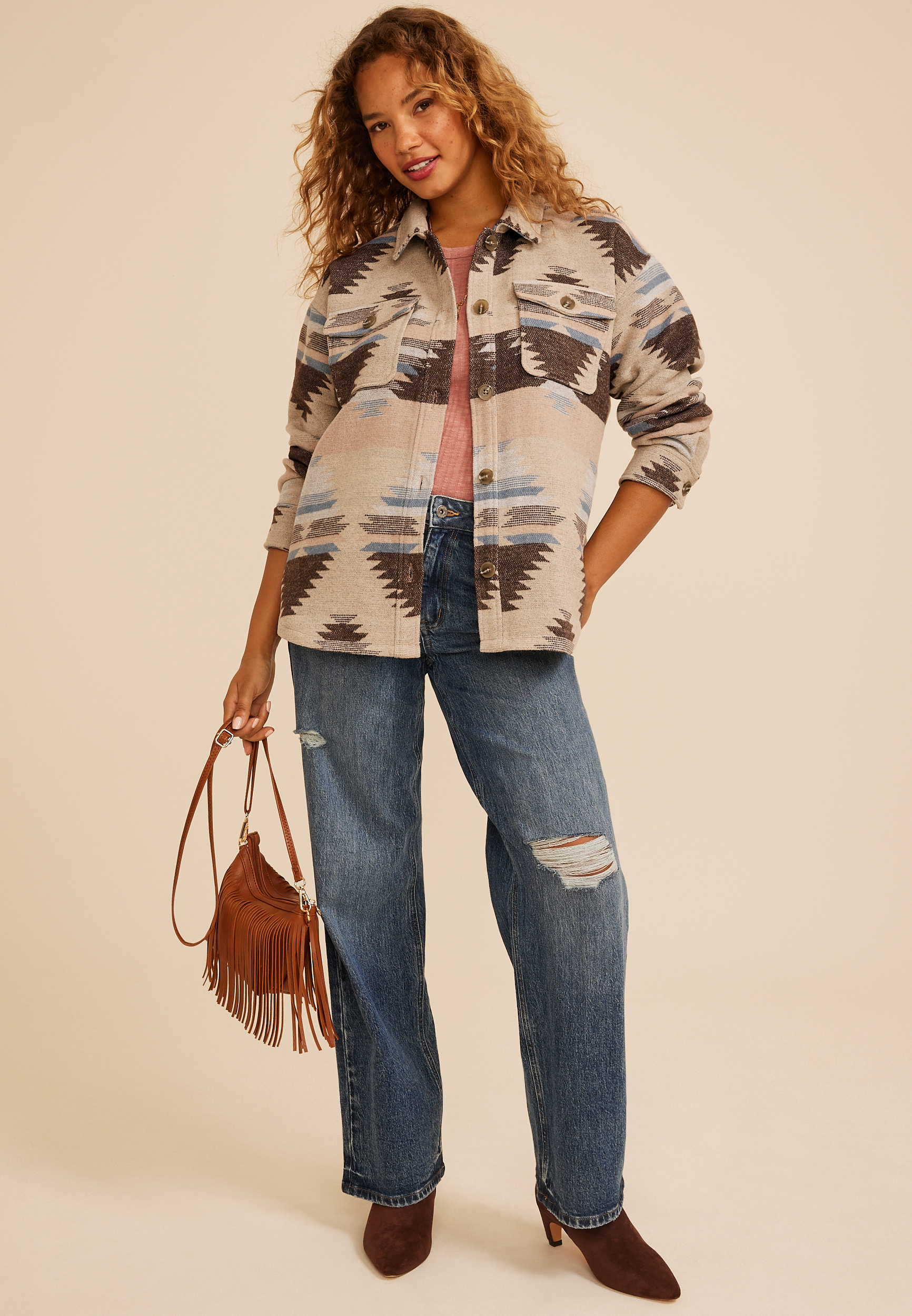 Southwestern Print Button Front Shacket, C1772, large