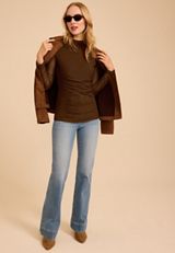 Mesh Ruched Mock Neck Top, COFFEE BEAN, small