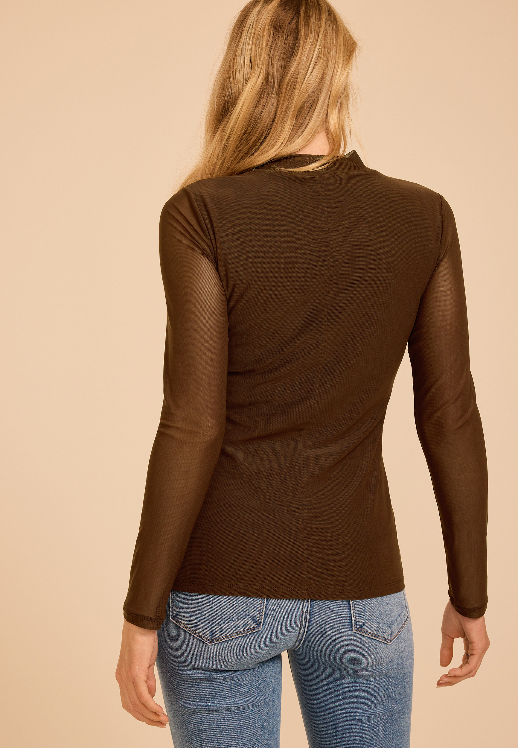 Mesh Ruched Mock Neck Top, COFFEE BEAN, large