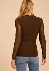 Mesh Ruched Mock Neck Top, COFFEE BEAN, small