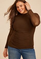 Plus Size Mesh Ruched Mock Neck Top, COFFEE BEAN, small