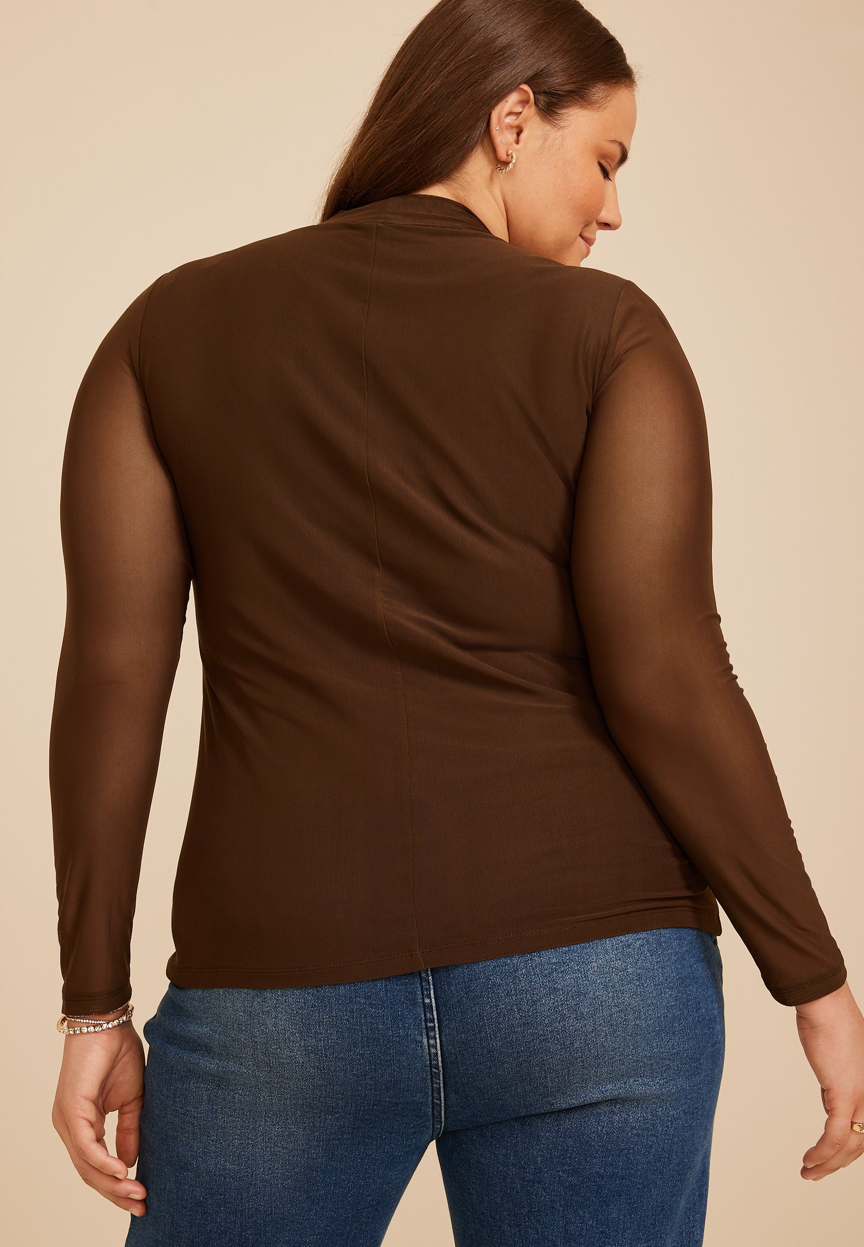 Plus Size Mesh Ruched Mock Neck Top, COFFEE BEAN, large