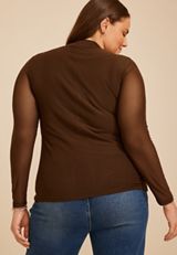 Plus Size Mesh Ruched Mock Neck Top, COFFEE BEAN, small