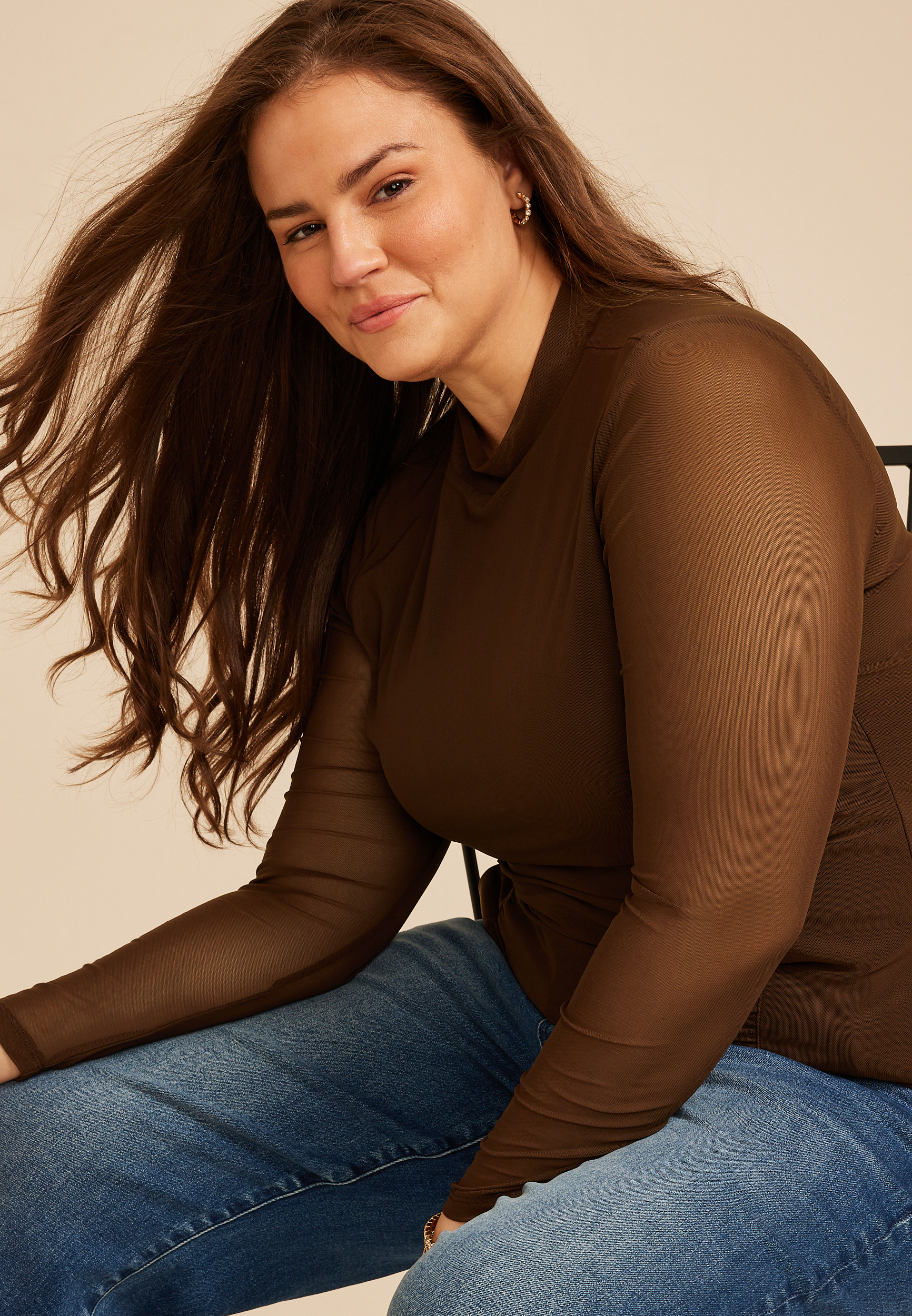 Plus Size Mesh Ruched Mock Neck Top, COFFEE BEAN, large