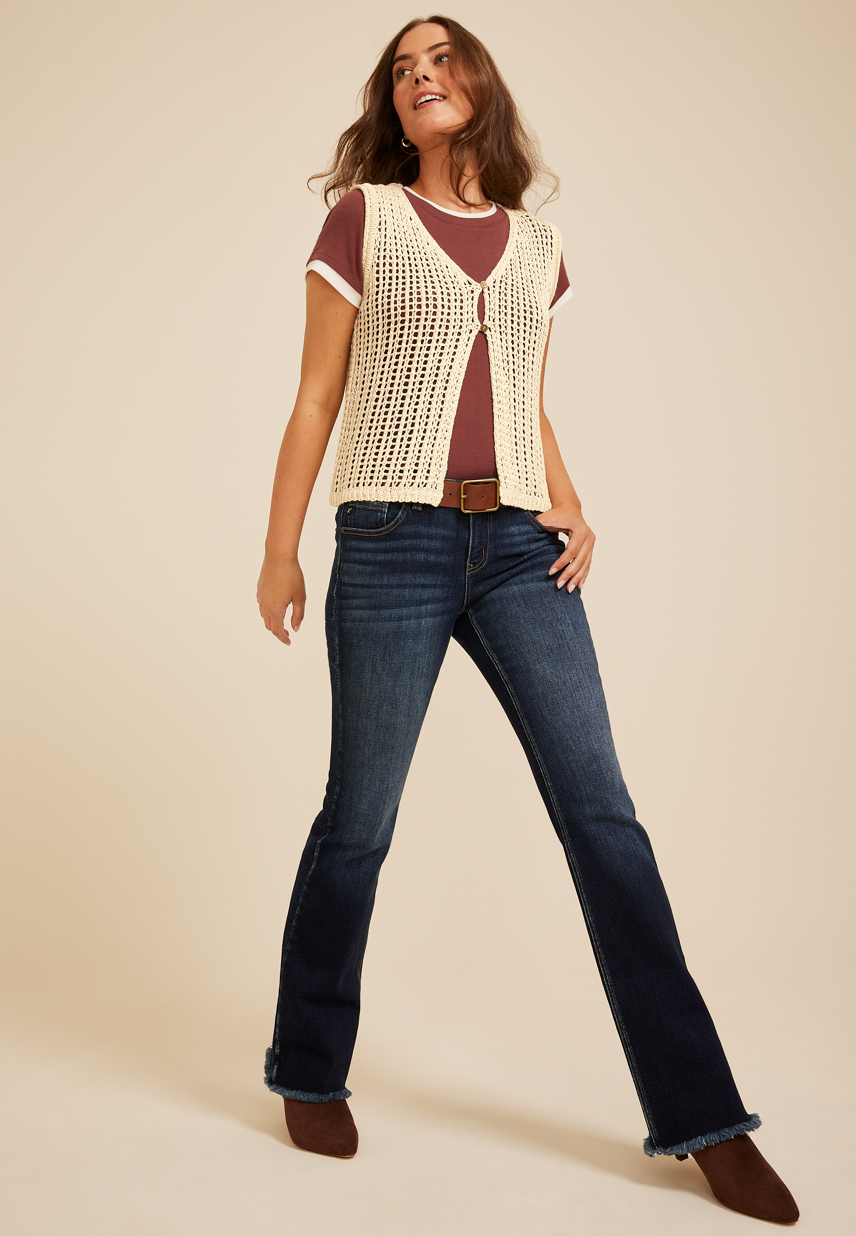 Open Stitch Button Front Sweater Vest
