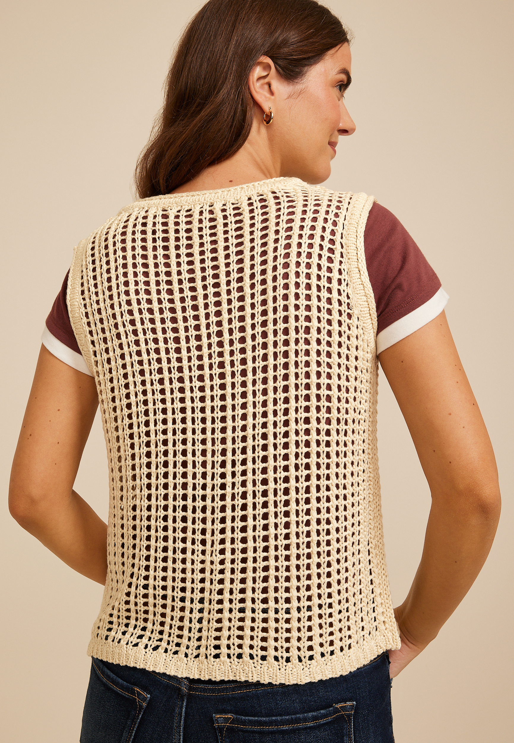 Open Stitch Button Front Sweater Vest, C254, large