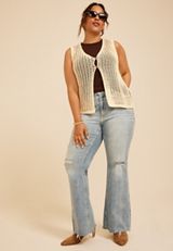 Plus Size Open Stitch Button Front Sweater Vest, C254, small