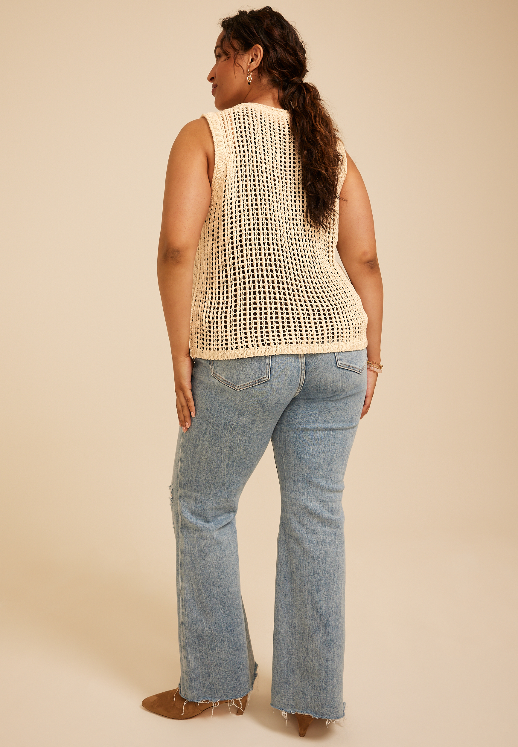 Plus Size Open Stitch Button Front Sweater Vest, C254, large