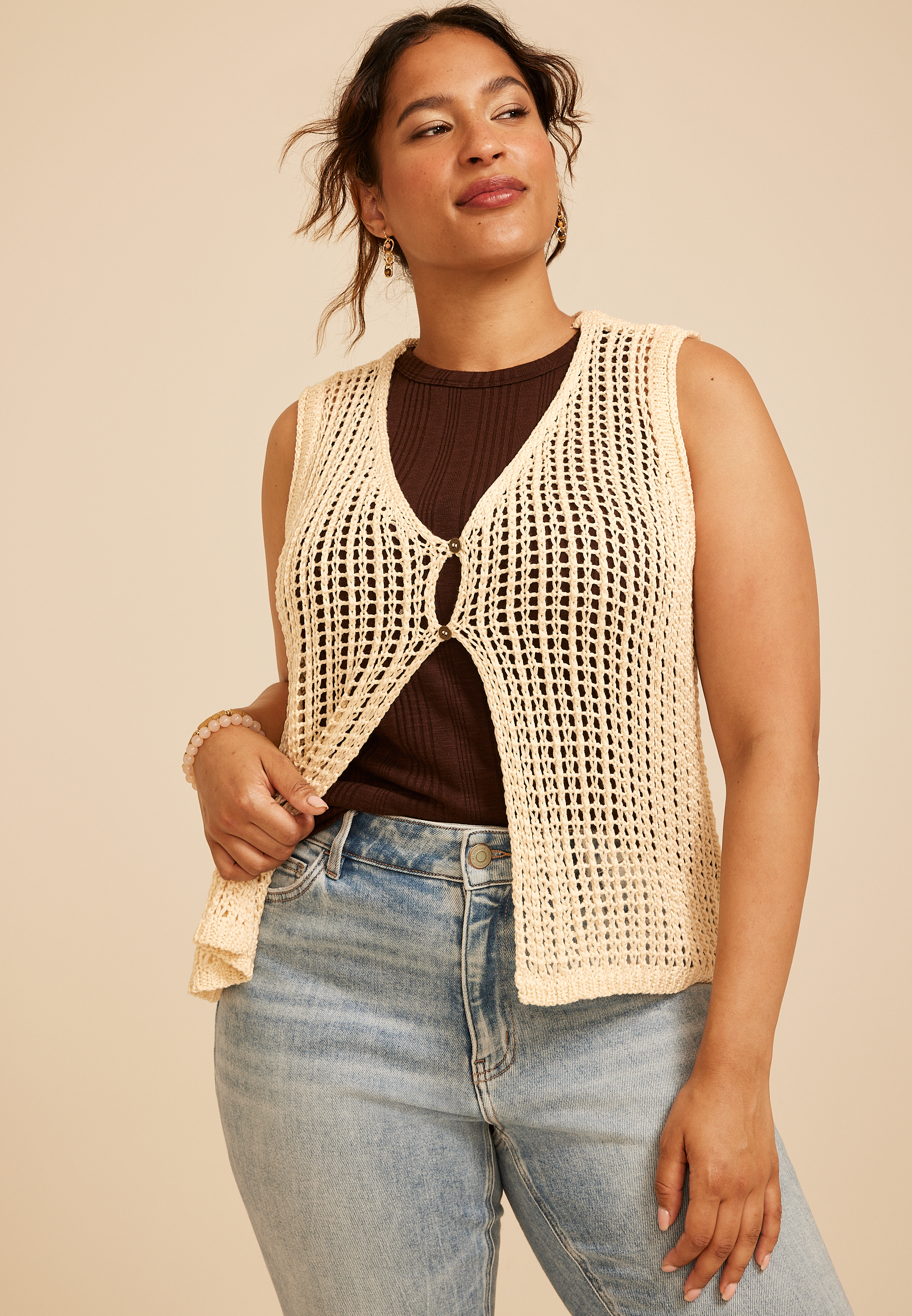 Plus Size Open Stitch Button Front Sweater Vest, C254, large