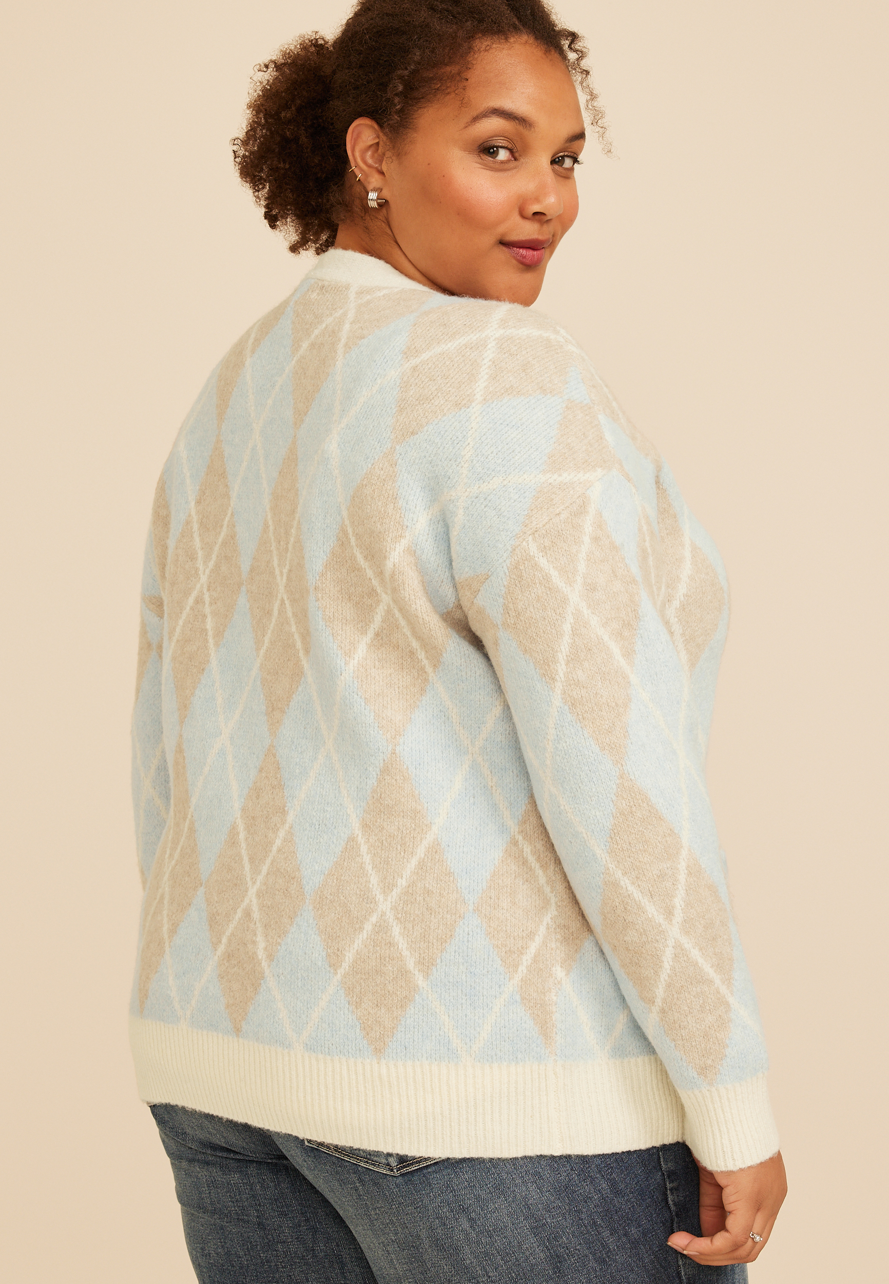 Plus Size Argyle Button Front Cardigan, C8582, large