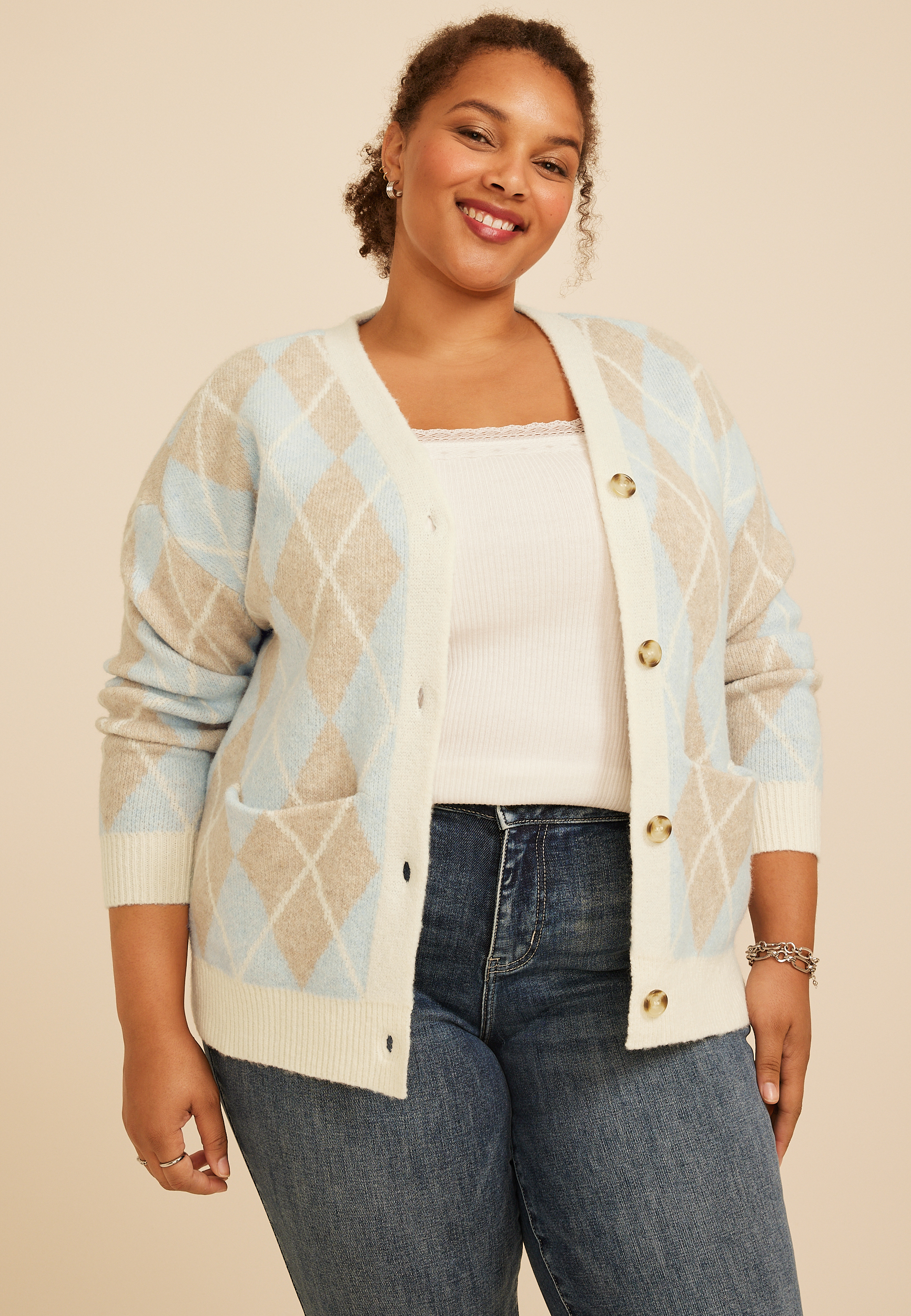 Plus Size Argyle Button Front Cardigan, C8582, large