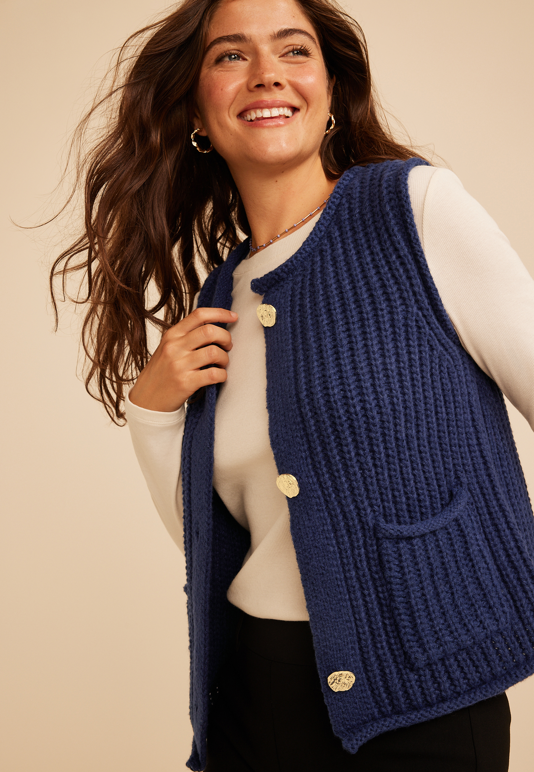 Chunky Stitch Button Front Sweater Vest, C180, large