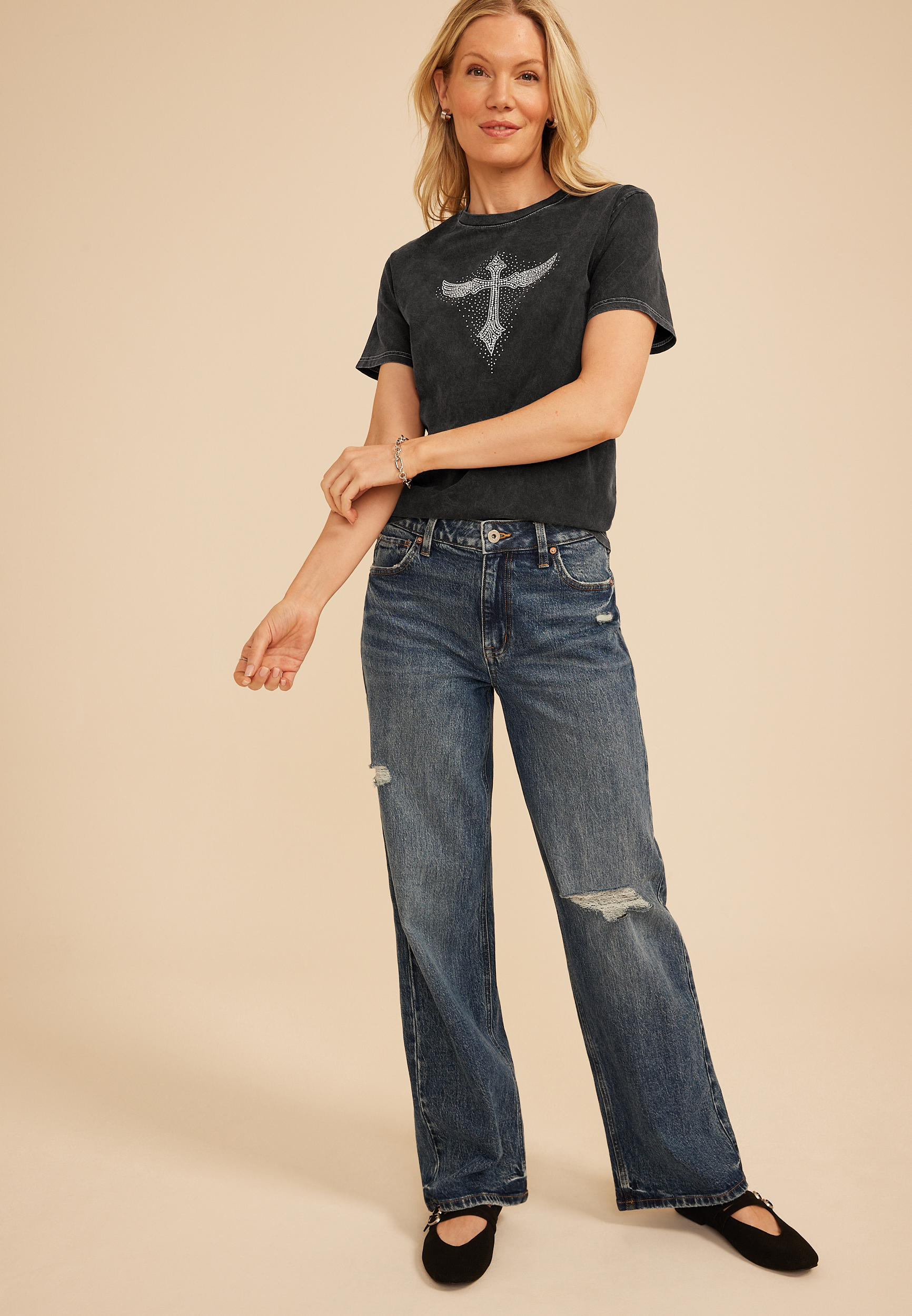 Rhinestone Winged Cross Standard Fit Graphic Tee, C106, large