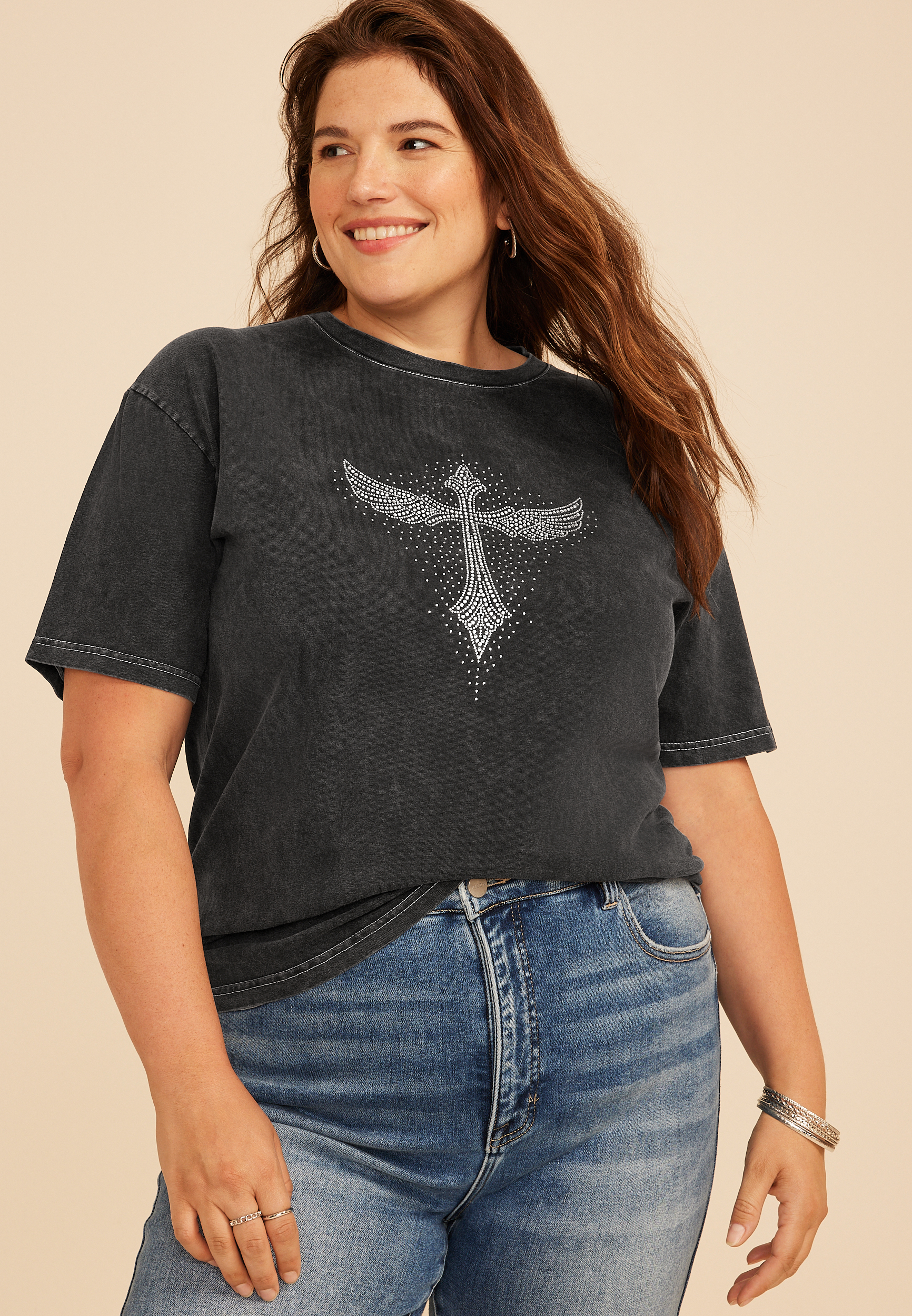 Plus Size Rhinestone Winged Cross Standard Fit Graphic Tee, C106, large