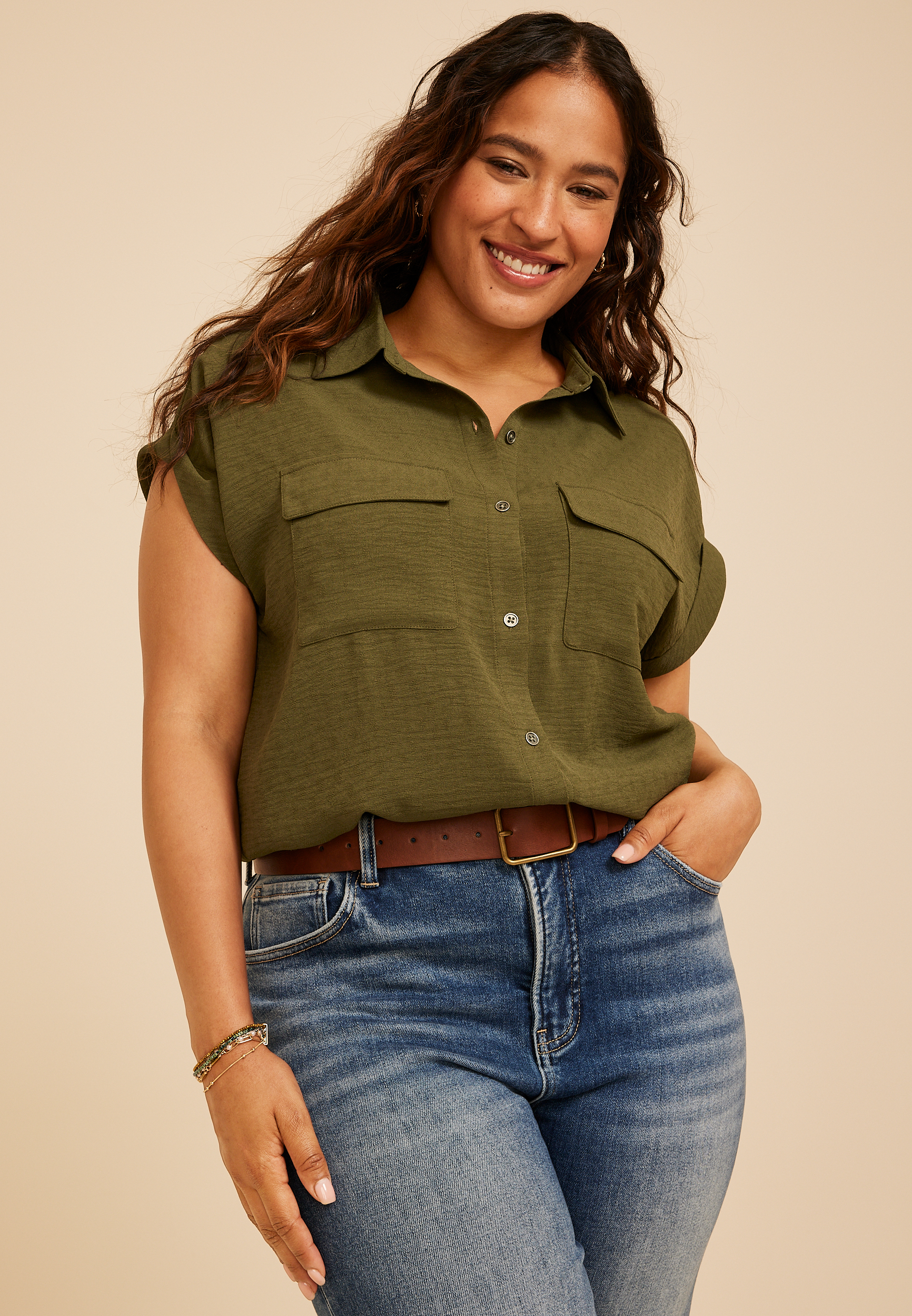 Plus Size Utility Button Down Shirt, C9161, large