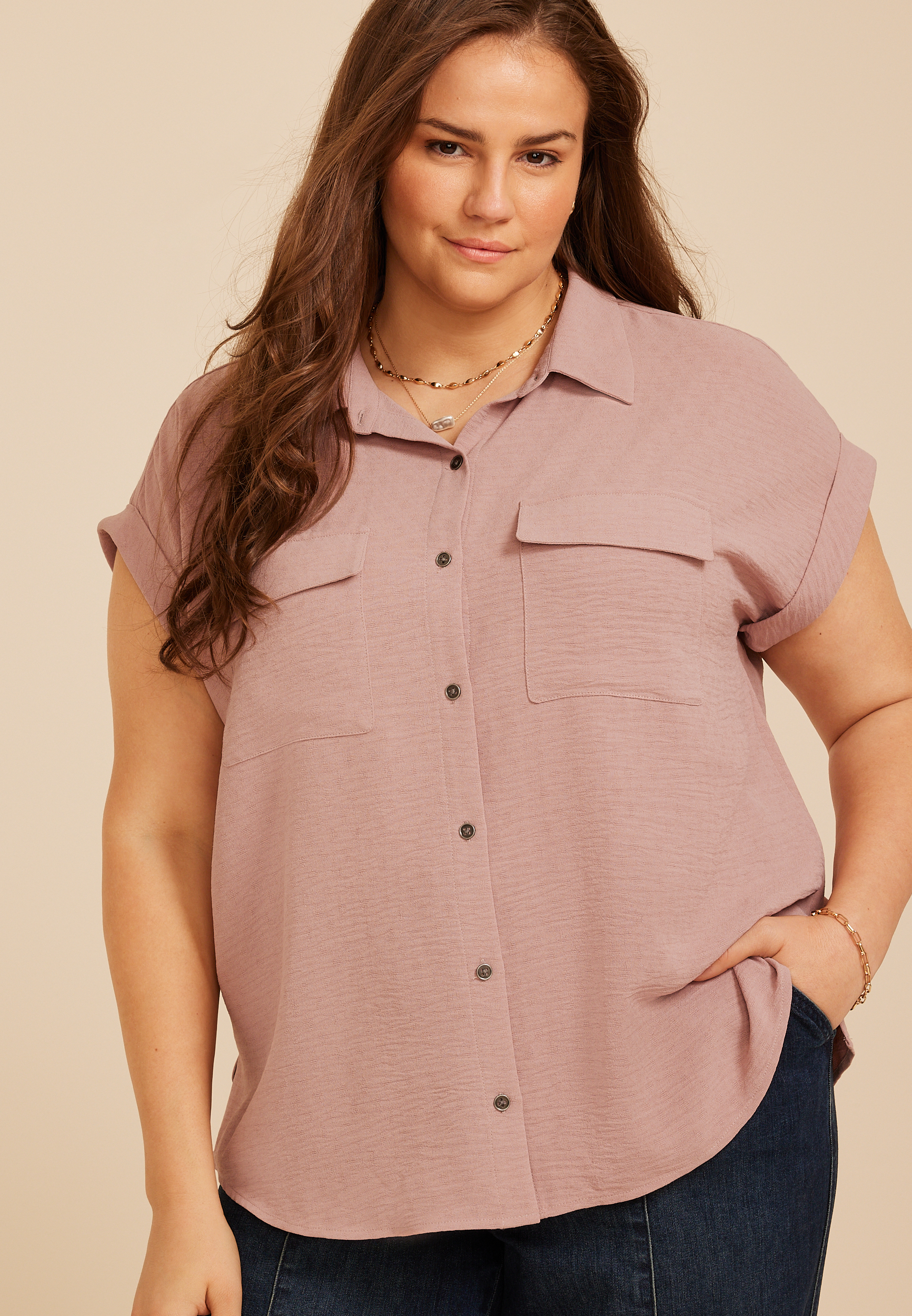 Plus Size Utility Button Down Shirt, C6135, large