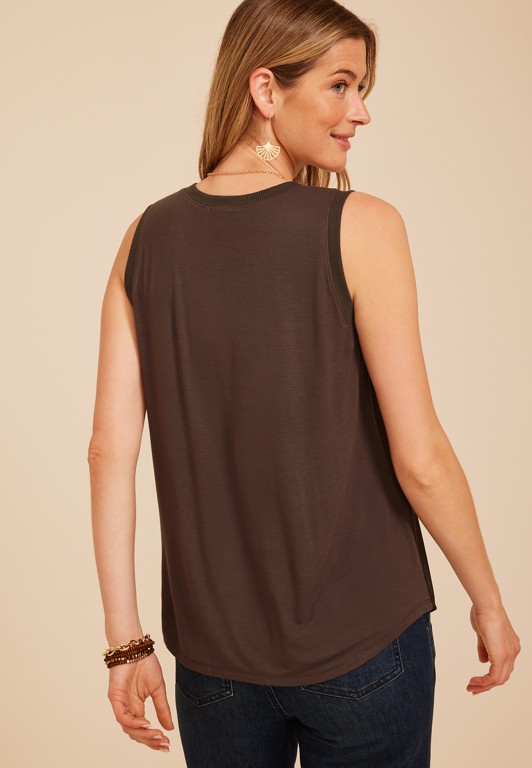 Satin Front V Neck Tank Top, COFFEE BEAN, large