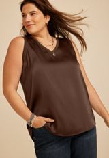 Plus Size Satin Front V Neck Tank Top, COFFEE BEAN, small