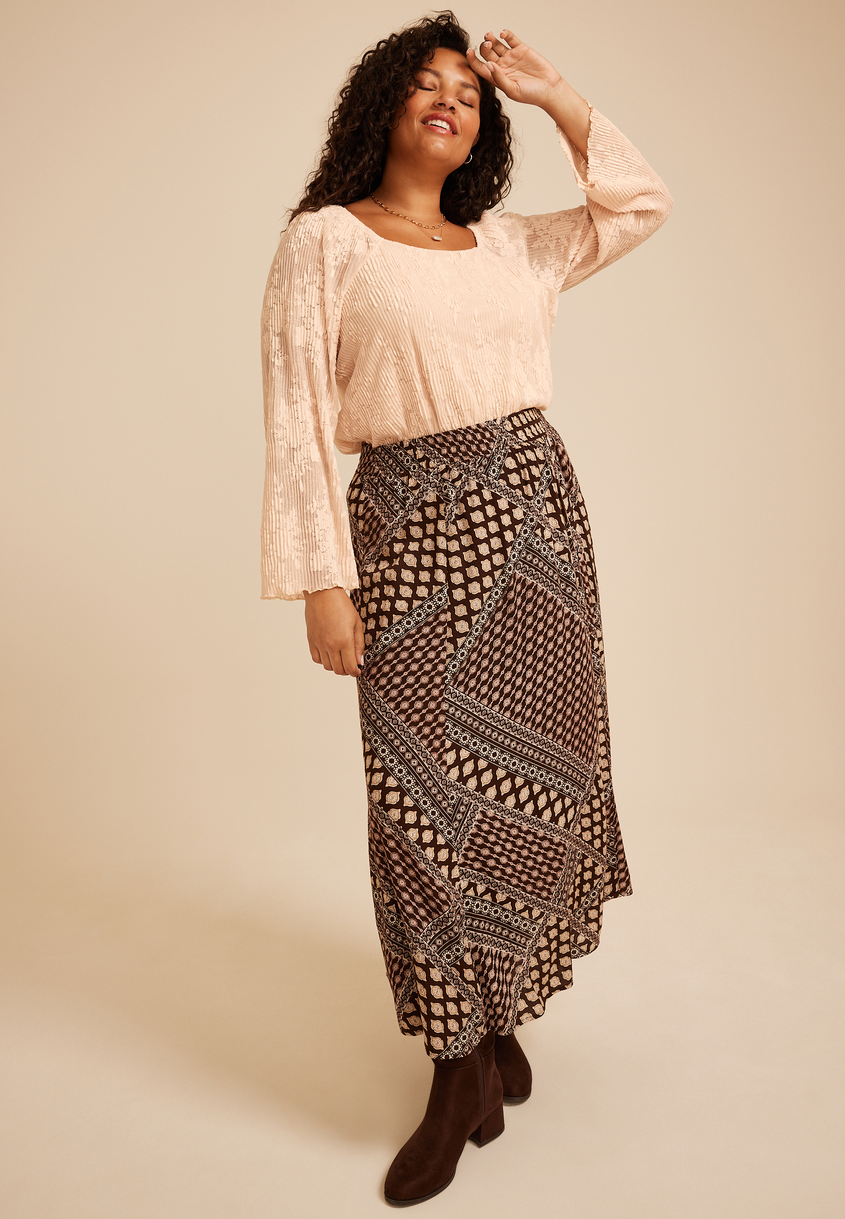 Plus Size Pleated Lace Square Neck Blouse