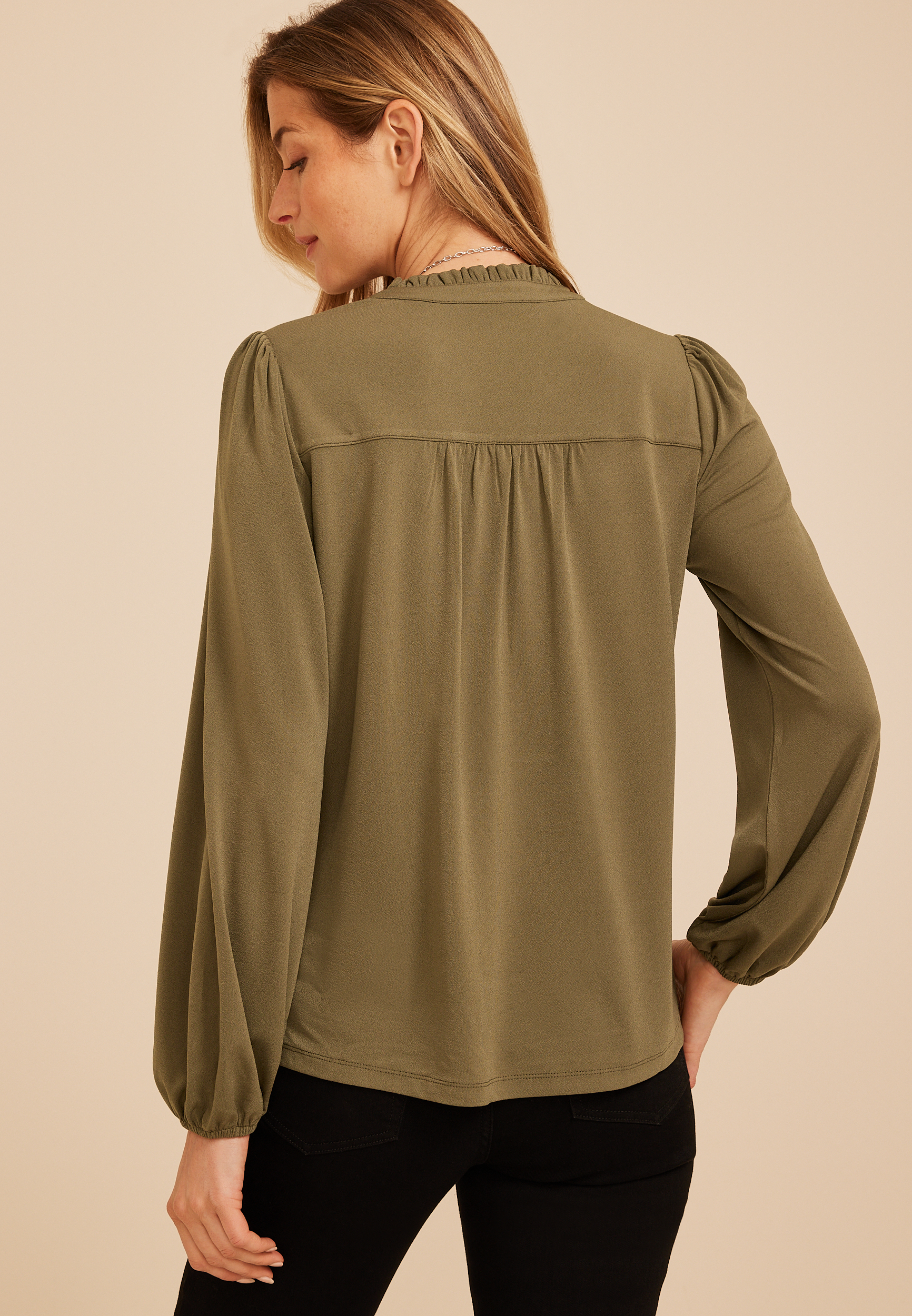 Embroidered Ruffle Trim Henley Blouse, C9161, large