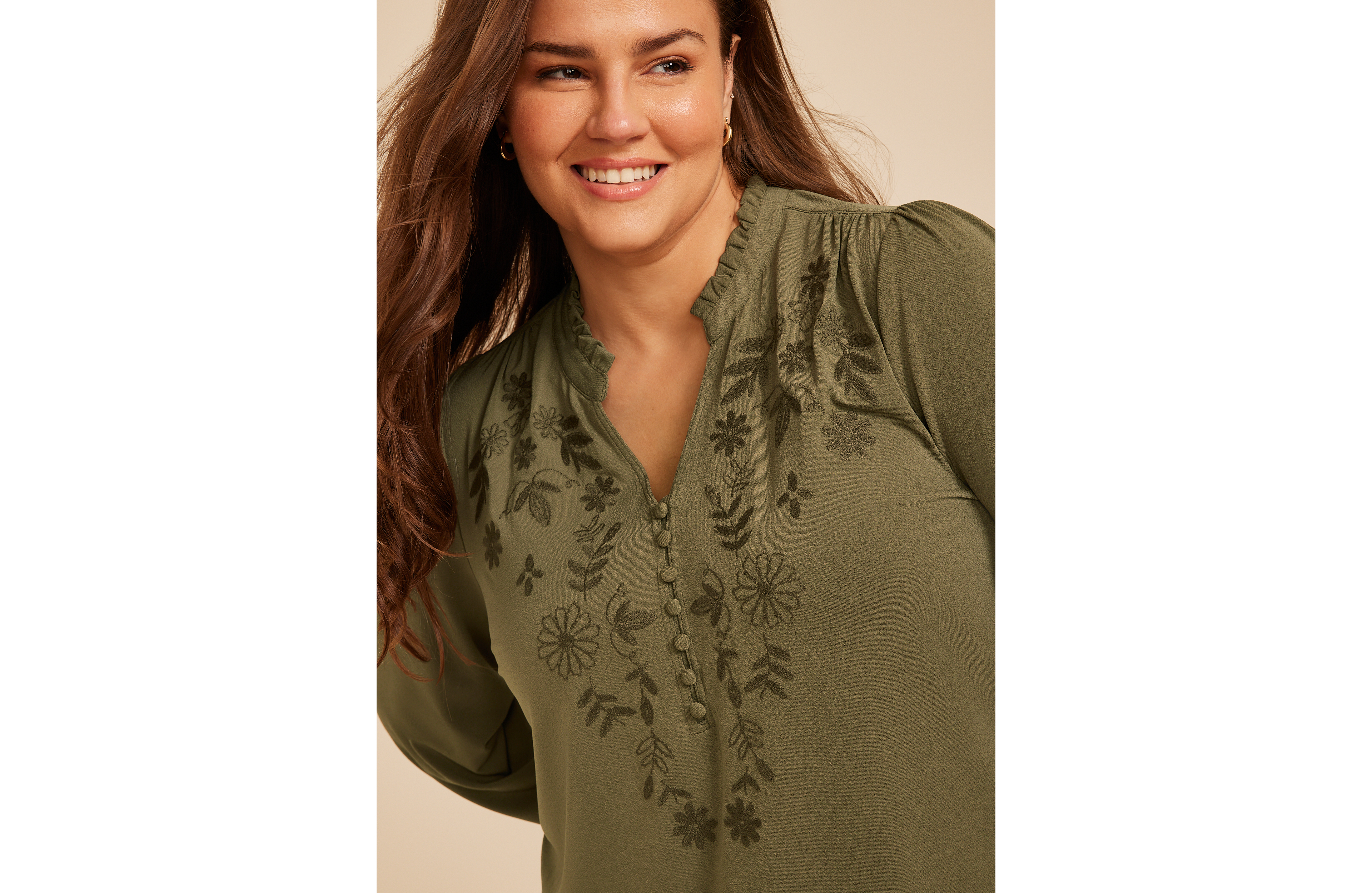 Plus Embroidered Ruffle Trim Henley Blouse