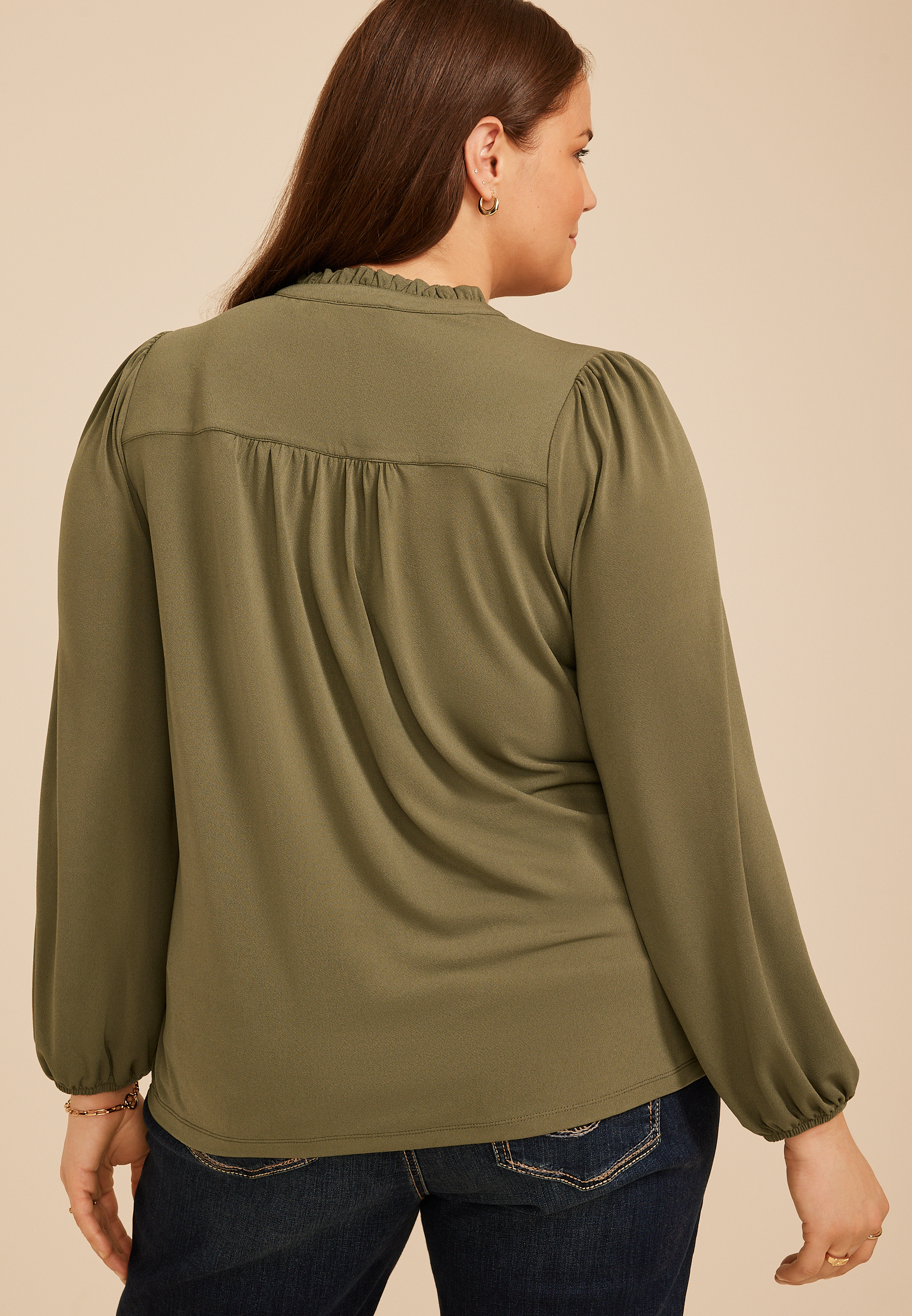 Plus Size Embroidered Ruffle Trim Henley Blouse, C9161, large