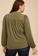 Plus Size Embroidered Ruffle Trim Henley Blouse, C9161, small