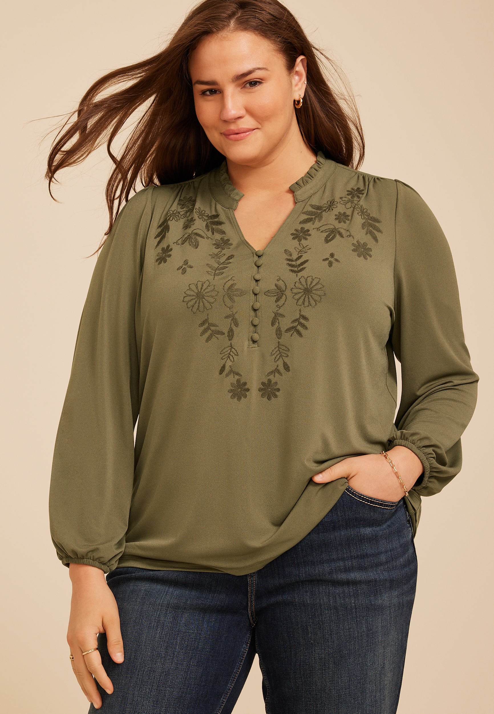 Plus Size Embroidered Ruffle Trim Henley Blouse, C9161, large