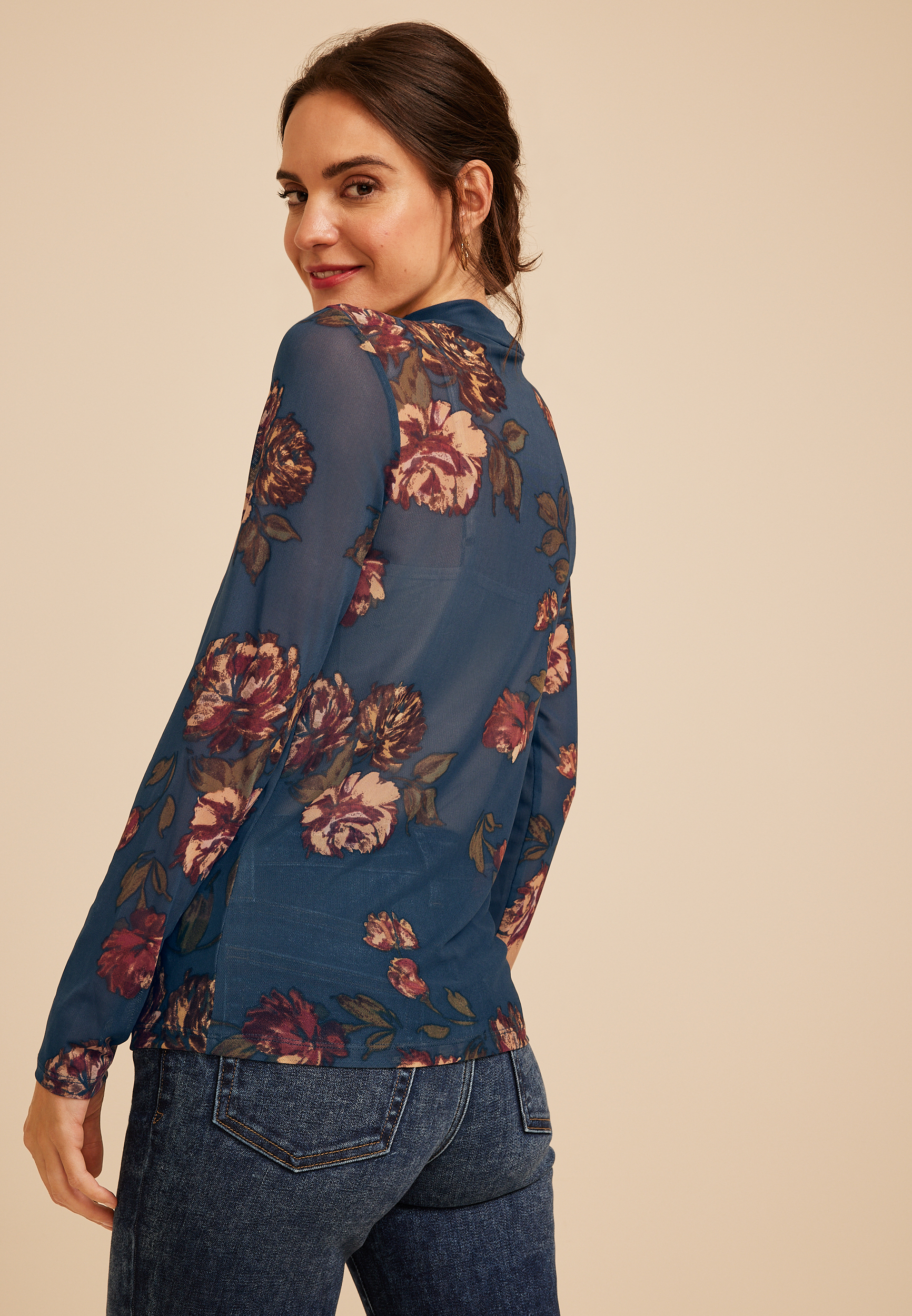 Floral Mesh Mock Neck Top, C1505, large