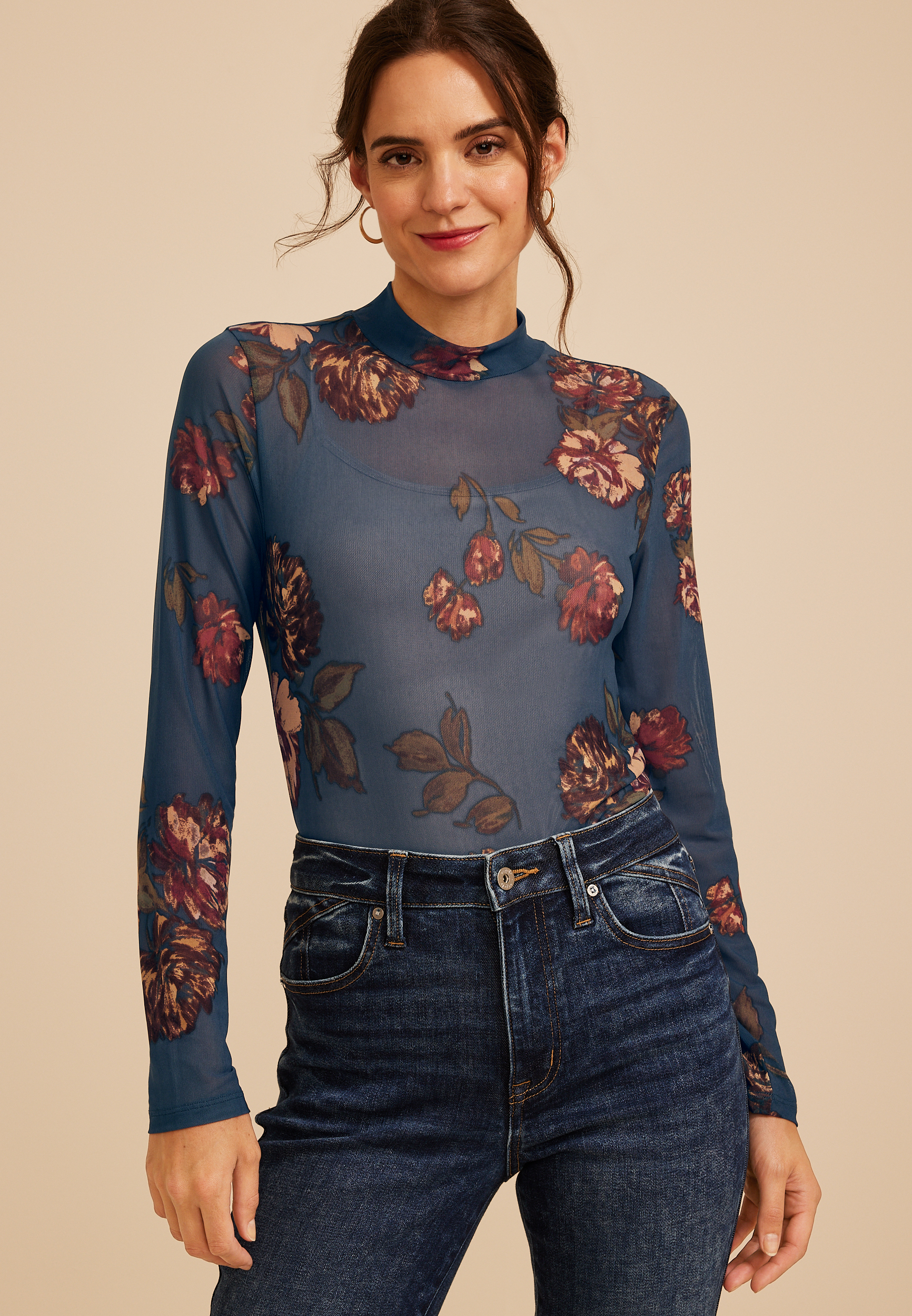 Floral Mesh Mock Neck Top, C1505, large